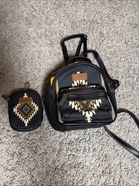 Wrangler Black Mini Backpack and coin purse keychain with Aztec Print